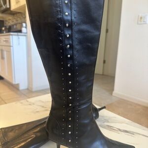 Michael Kors Knee High Sleek Black Studded Women's Heeled Boots GENUINE LEATHER
